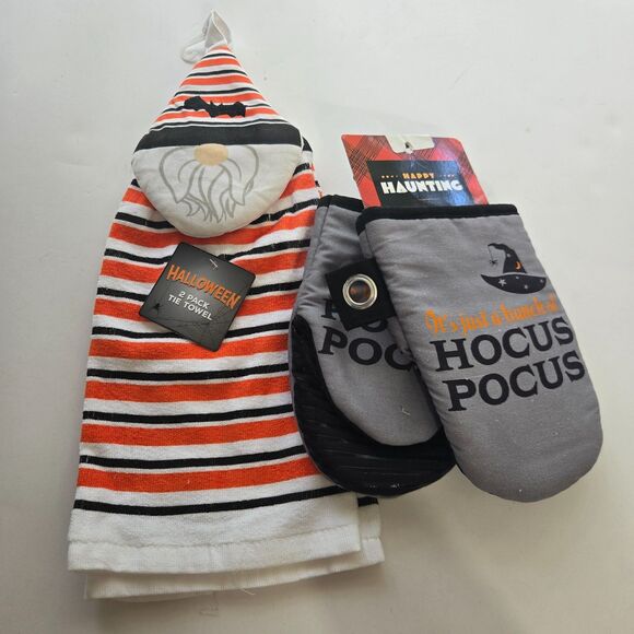 Halloween Kitchen Set Hocus Pocus Gnome Witch Hanging Towel Oven Mitt Fall Linen - Picture 1 of 6